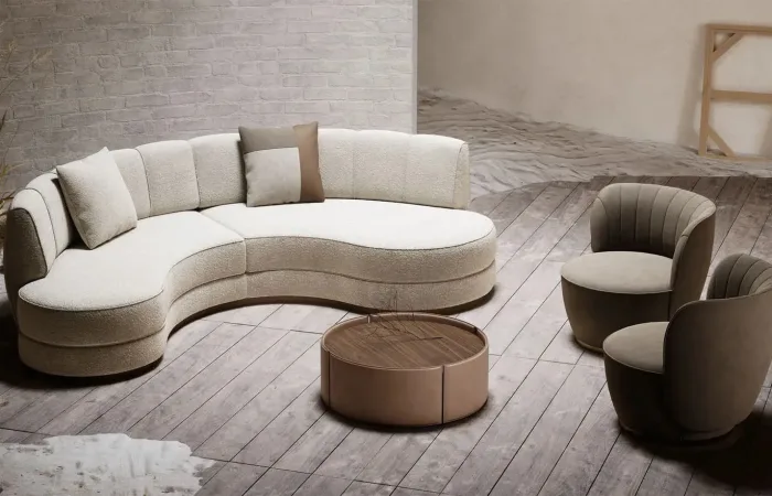 mano coffee table with stella sofa and pearl armchairs