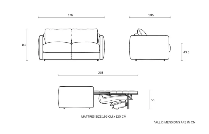 beaumont bed sofa technical drawing 3