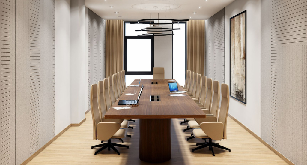 boardroom with long table and chairs for meetings and presentations - interior design.