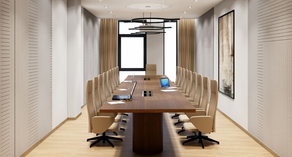 Boardroom with long table and chairs for meetings and presentations - Interior design.