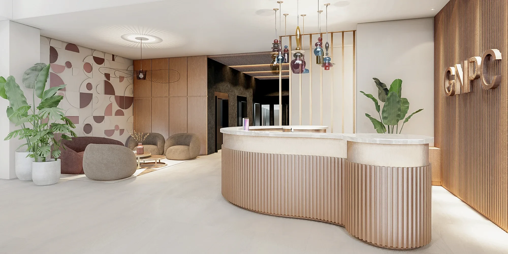 Interior design done for main reception room in Ghana petroleum office with reception desk and waiting space consisting of lounge chairs and sofas.