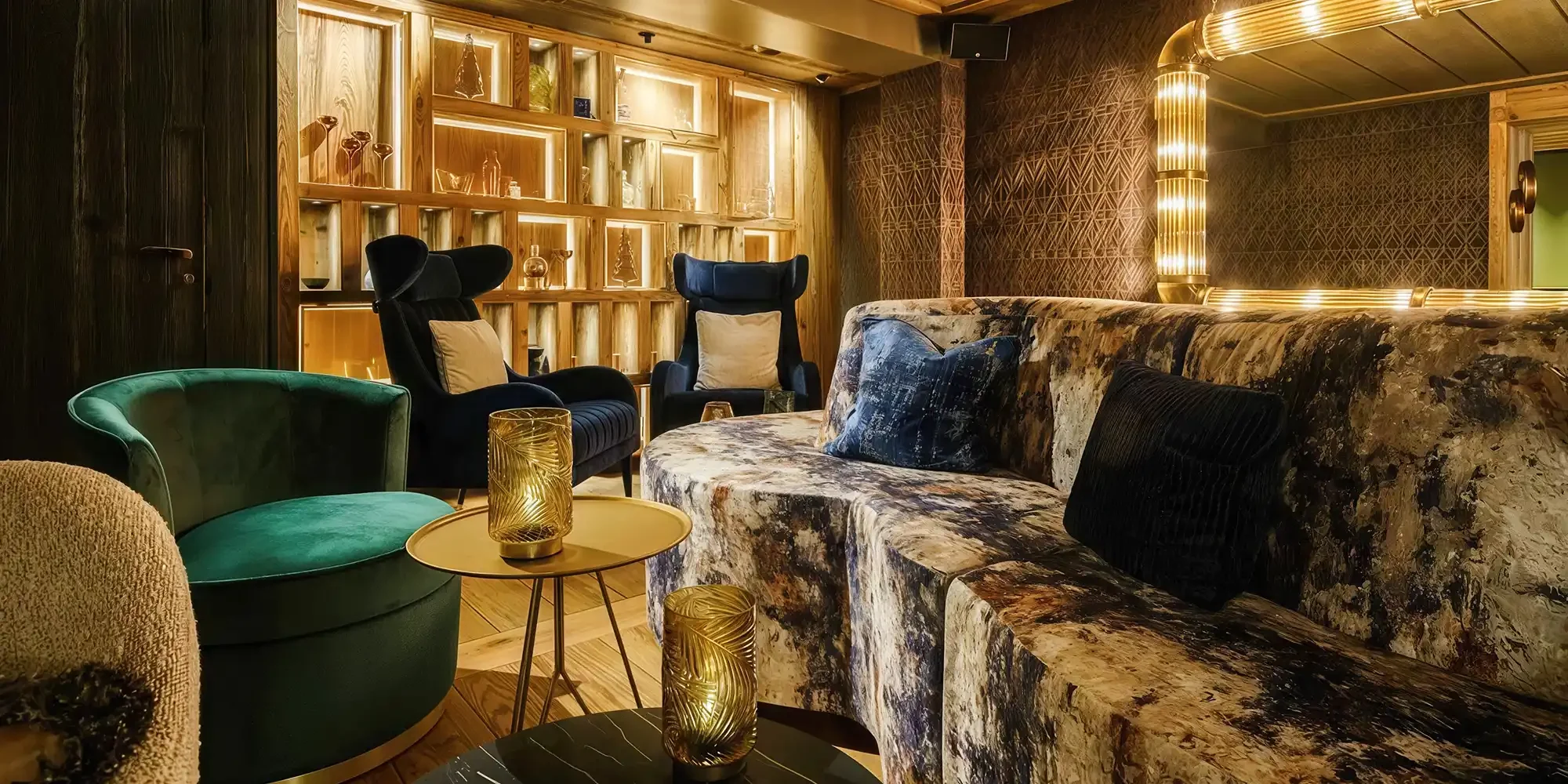 Lounge Space, La Sivoliere France, consisting of lounge chairs and sofas - blue and green lounge chairs.